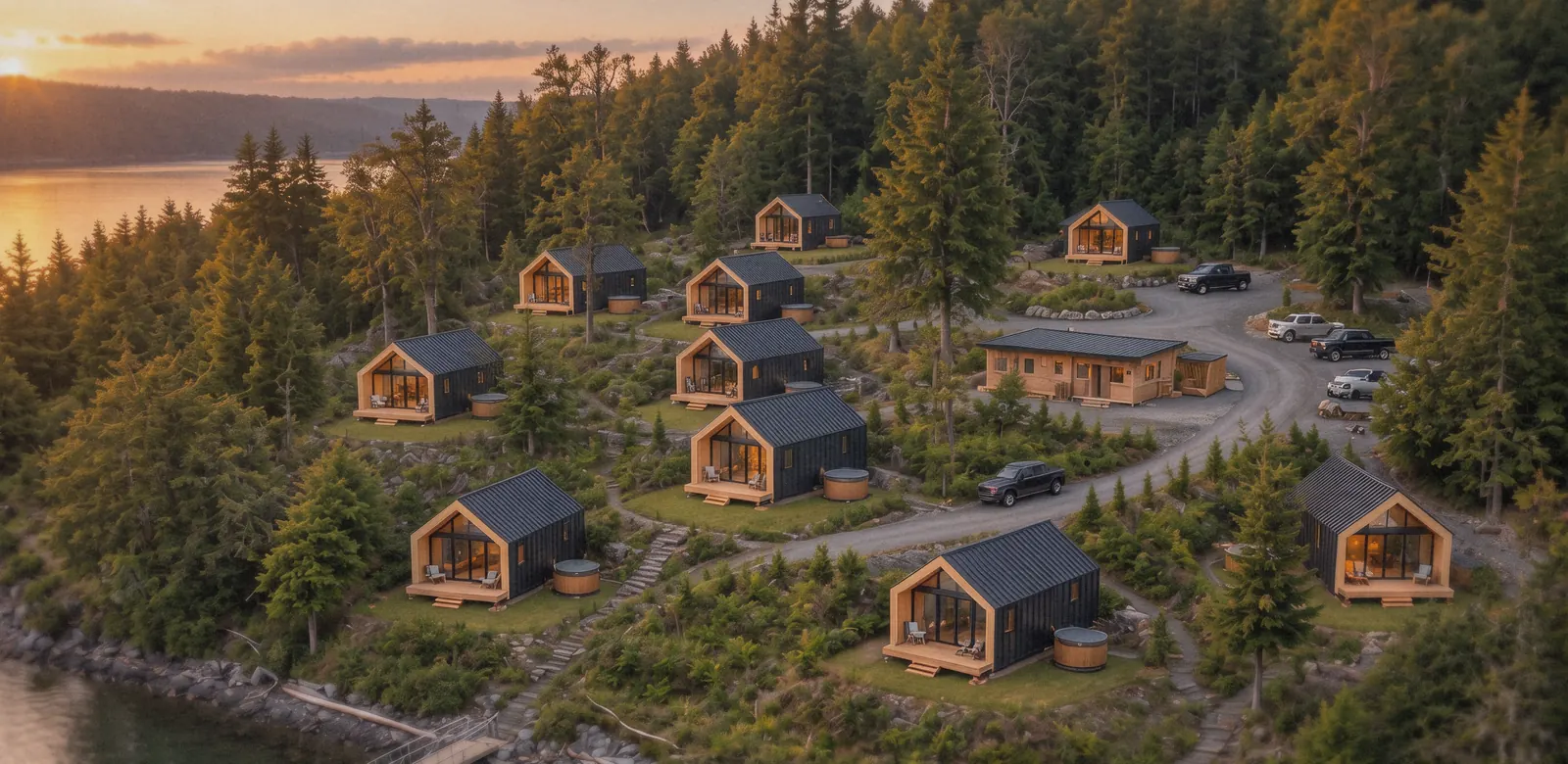 Multiple Barn cabins in a resort setting