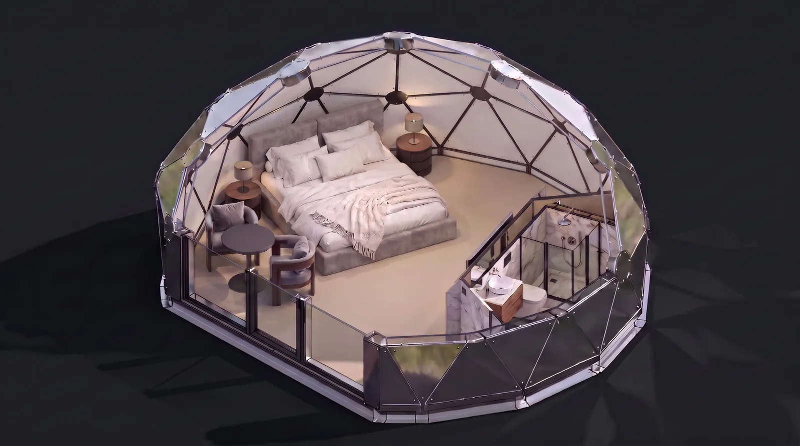 Cutaway view of a furnished SwitchDome interior showing the bedroom, glazed facade, and ensuite bathroom